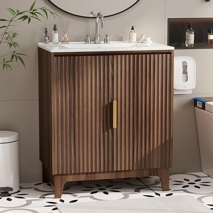 VINGLI 30 Inch Bathroom Vanity with Sink, Mid-Century Modern Vanity with Ceramic Basin and Fluted Soft-Close Doors, U-Shape Storage Shelf,Free Standing Small Bathroom Sink Cabinet Combo Set,Walnut