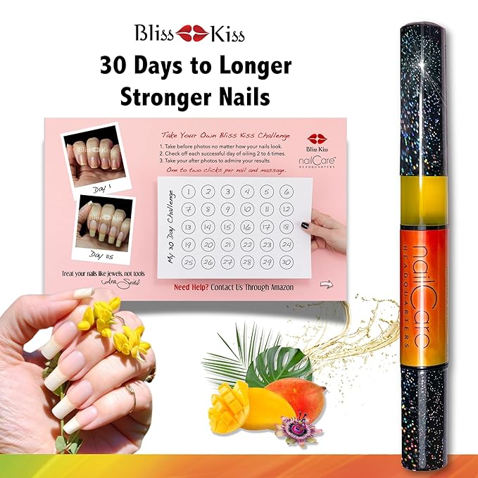 Bliss Kiss Simply Pure Cuticle Oil Pen, Bali Mango Fragrance | Jojoba Nail Growth Oil for Softer Cuticles & Healthier-Looking Nails | Nail Oil Pen for Women | TSA Friendly | Made in USA | 1-Pen 2ml
