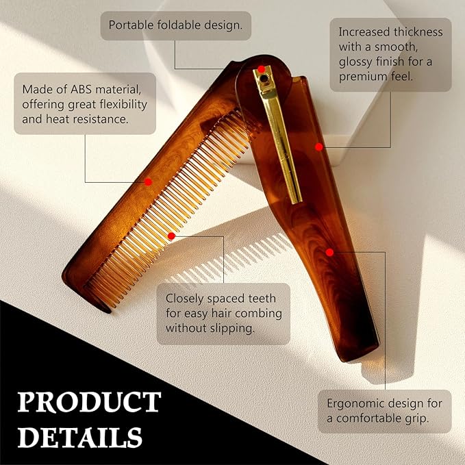 Men's Handmade Folding Pocket Comb, 6.69-Inch Amber Finish, Fine Tooth Comb for Hair, Beard, and Mustache Grooming
