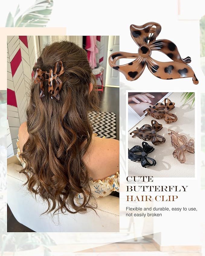 4 PCS Bow Hair Clips Bow Claw Clip for Women, Large Hair Claw Clips for Thin Thick Long Hair Cute Nonslip Bows (Black+Leopard Dark Brown+Leopard Light Brown+Gray)