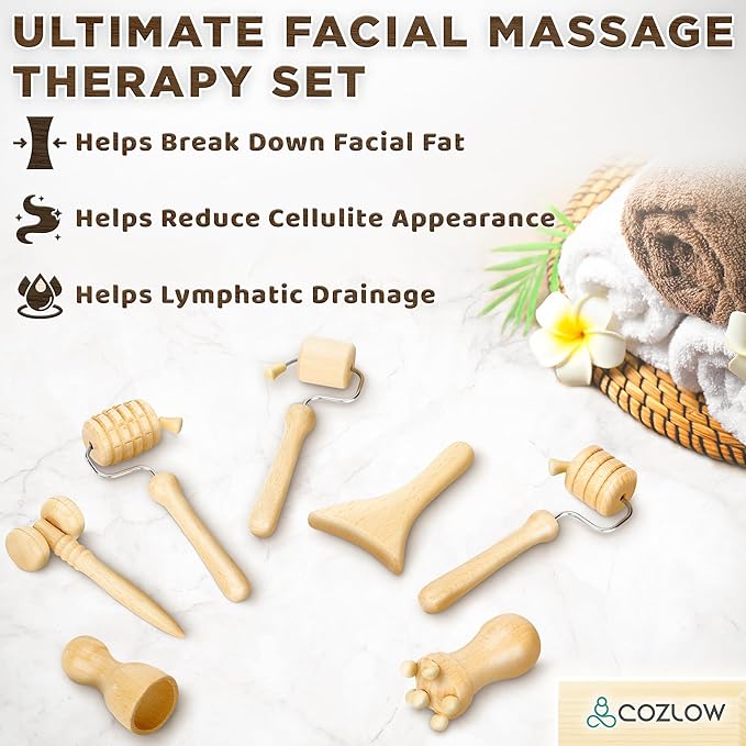 COZLOW Wood Therapy Facial Massage Tools (7 Piece Set), Gua Sha Wooden Face Massager Kit for Face Lifting, Lymphatic Drainage, Skin Care & Anti-Aging