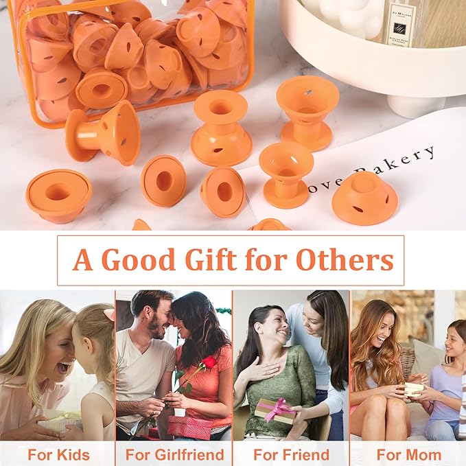 JANYUN 40 Pcs Orange Magic Silicone Hair Rollers Include 20pcs Large Silicone Curlers 20pcs Heatless Small Hair Curlers (Orange)