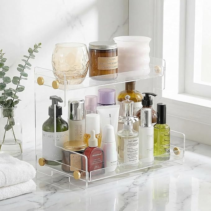 FFK Bathroom Organizer Countertop 2-Tier Storage：Bathroom Counter Organizer Acrylic Standing Holder Cosmetic Storage Perfume Shelf for Bathroom Bedroom Dressing Table1
