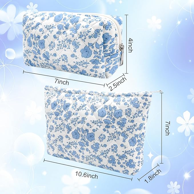 Lestp 2Pcs Small Makeup Bag Quilted Cosmetic Bag Flower Pencil Case Travel Makeup Bag Set for Women Cute Cosmetic Pouch Aesthetic Cotton Toiletry Organizer Storage Bags Puffy Zipper Pouch A