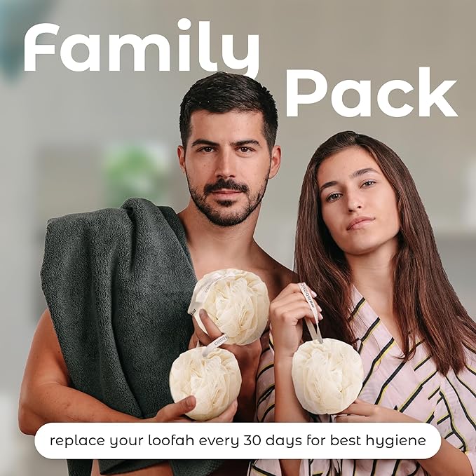 MainBasics Shower Loofah Sponge Pouf, Set of 3, Seaweed Infused