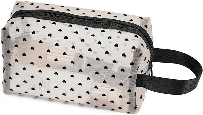 TOPASION Portable Mesh Makeup Bag with Zipper Small Travel Toiletry Bag Lightweight Cosmetic Pouch (Beige&Black Heart with Handle)