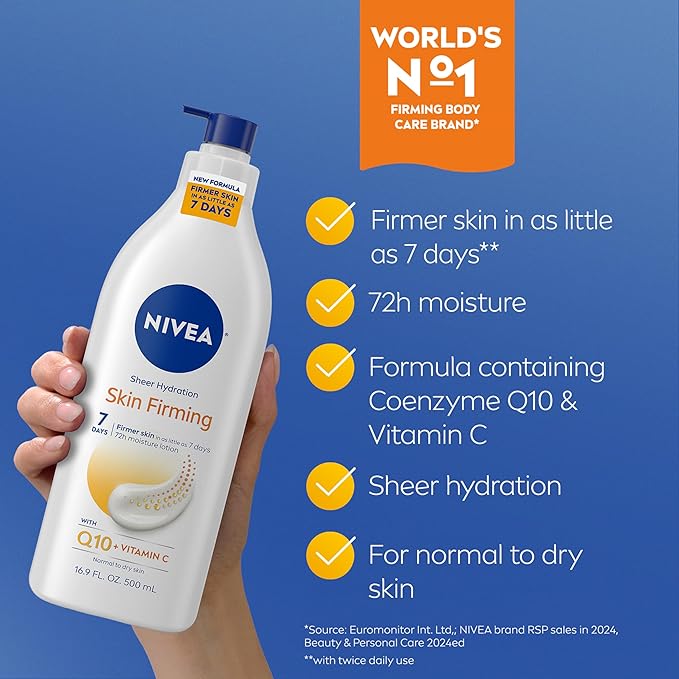 NIVEA Sheer Hydration Skin Firming Body Lotion (16.9 FL OZ) Skin Firming and Toning Body Gel Cream with Hyaluronic Acid (6.7 OZ), Skincare Enriched with Q10 and Vitamin C Multipack of 2