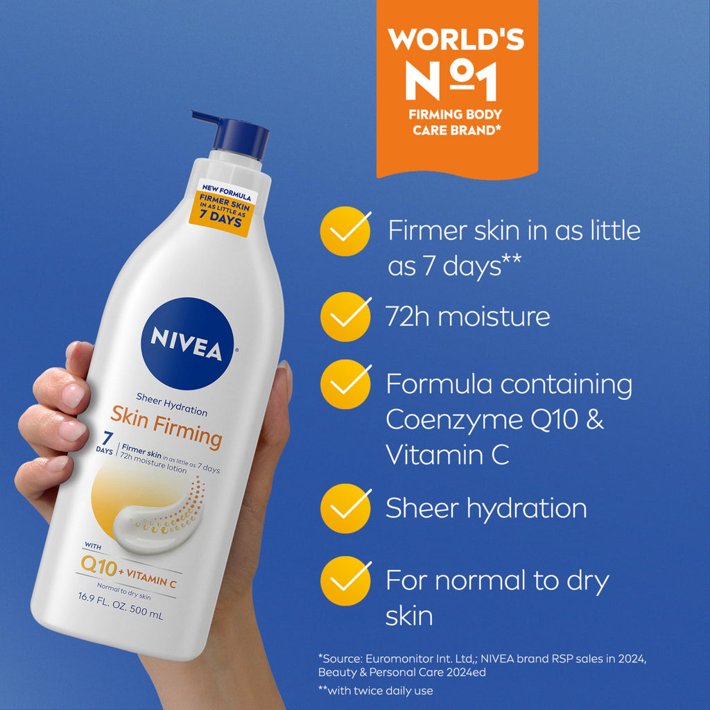 NIVEA Sheer Hydration Skin Firming Body Lotion (16.9 FL OZ) Skin Firming and Toning Body Gel Cream with Hyaluronic Acid (6.7 OZ), Skincare Enriched with Q10 and Vitamin C Multipack of 2