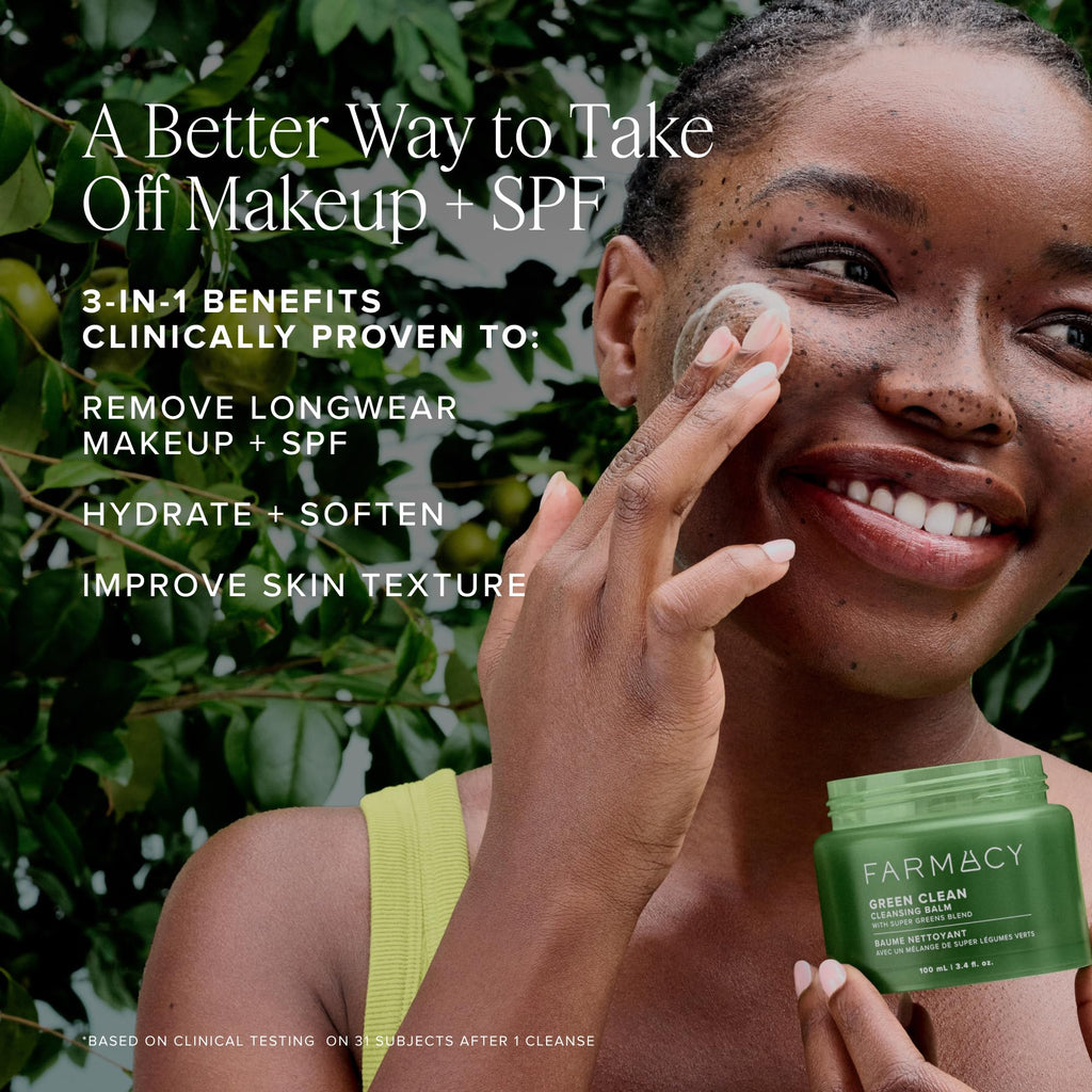 Farmacy Makeup Remover Cleansing Balm - Green Clean Waterproof Makeup Remover Balm + Oil Cleanser for Face - Gently Melts Make Up + SPF - Hydrates + Softens Skin with Super Greens + Papaya (200ml)