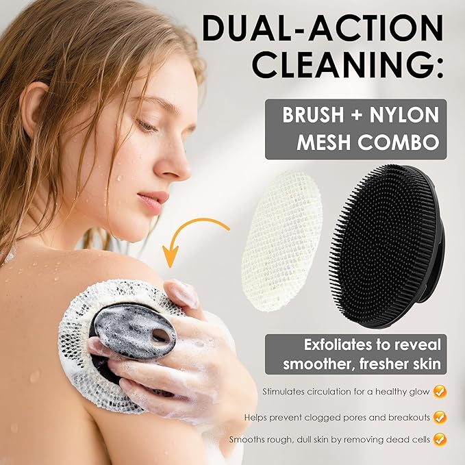 Black Food-Grade Silicone Body Scrubber with Exfoliating Net Sponge Case