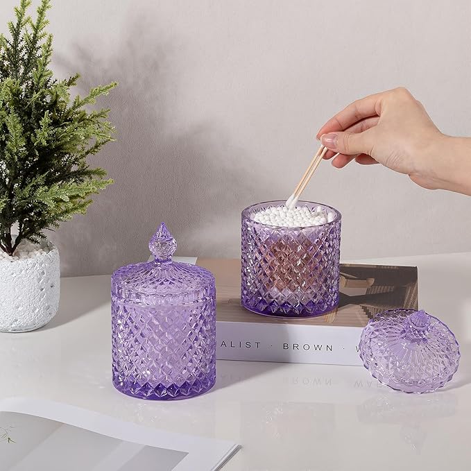 rejomiik 2 Pack Qtip Holder Apothecary Jars with Lid, Thick Glass, Purple