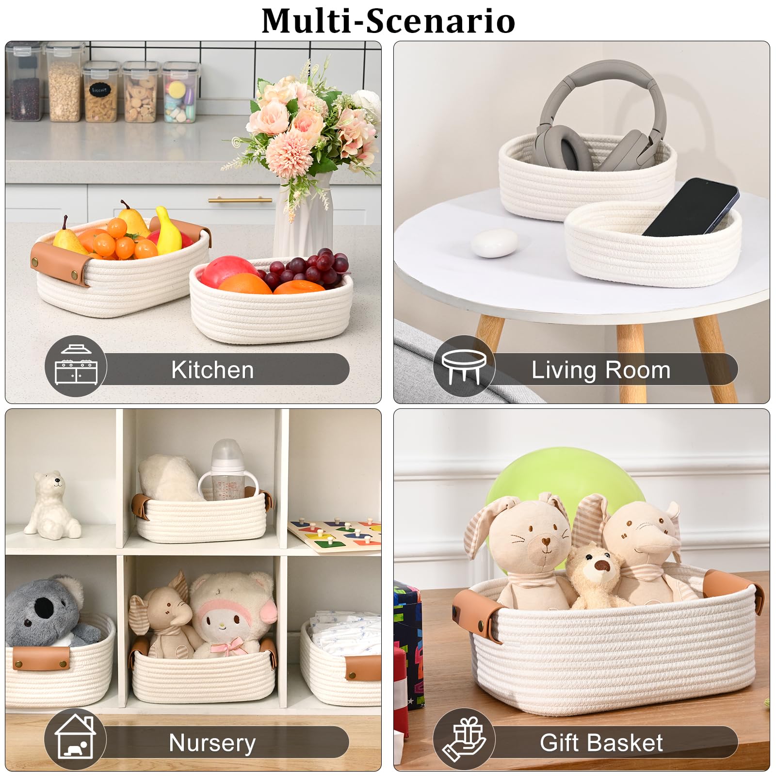 Storage Baskets for Organizing, Small Woven Basket Set of 6-4 Shelf Basket with Leather Handle and 2 Small Gift Baskets, Cotton Rope Basket for Shelves, Nursery, Dog Toy, Bathroom