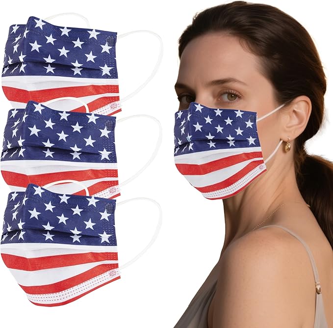 akgk 100PCS Disposable Face Masks with USA Flag Print, 3-Ply Breathable Face Mask For Adults