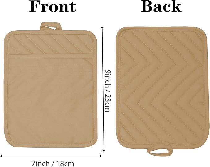 VEIKERY Oven Pot Holder with Pocket Cotton Heat Resistant Coaster Potholder Kitchen Hot Pad Oven Mitts for Cooking Square 7"x9"Set of 5 (Khaki)