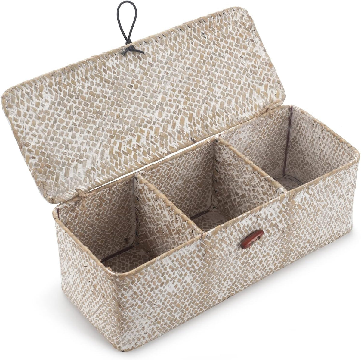 Seagrass Storage Basket for Bathroom - Wicker Toilet Tank Basket with Lid - Woven Storage Box for Organizing (Whitewash, 13" x 5" x 4.3")