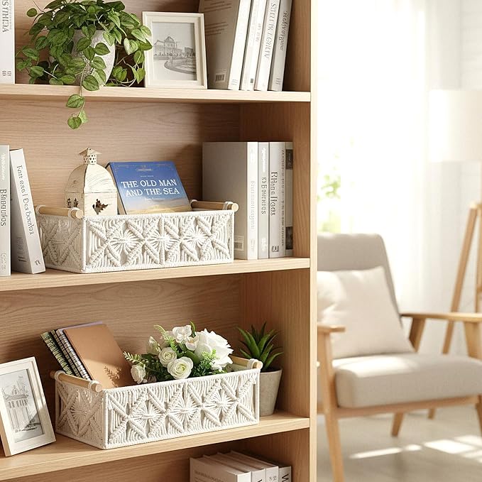 Macrame Storage Baskets 2PCS, Boho Woven Decorative Basket for Organizing with Handle, Countertop Toilet Paper Storage Container for Tank Bedroom Nursery Livingroom Entryway(White)
