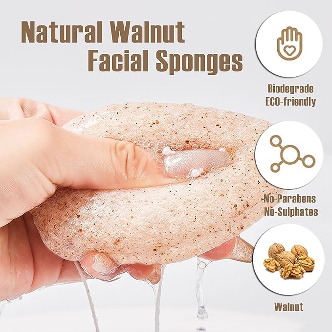 Natural Walnut Konjac Facial Sponges - Waterdrop- for Gentle Face Cleansing and Exfoliation Eco-Friendly - Skincare Face Body Washing Cleaning - with Walnut + Konjac,3pc.