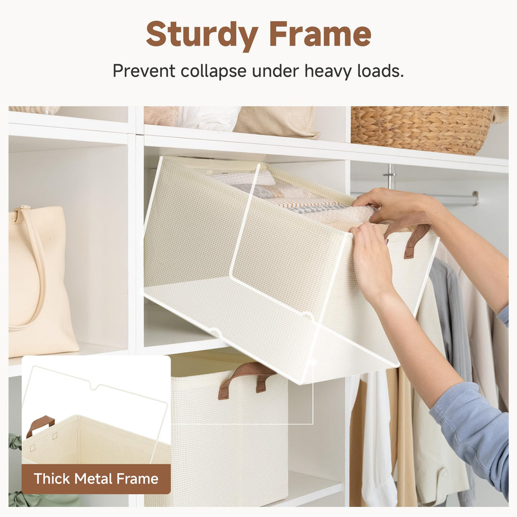 StorageWorks Storage Bins, Shelves Baskets for Organizing, 45L Extra Large Fabric Closet Organizers with Handles, Metal Frame, Beige-Texture, 2-Pack