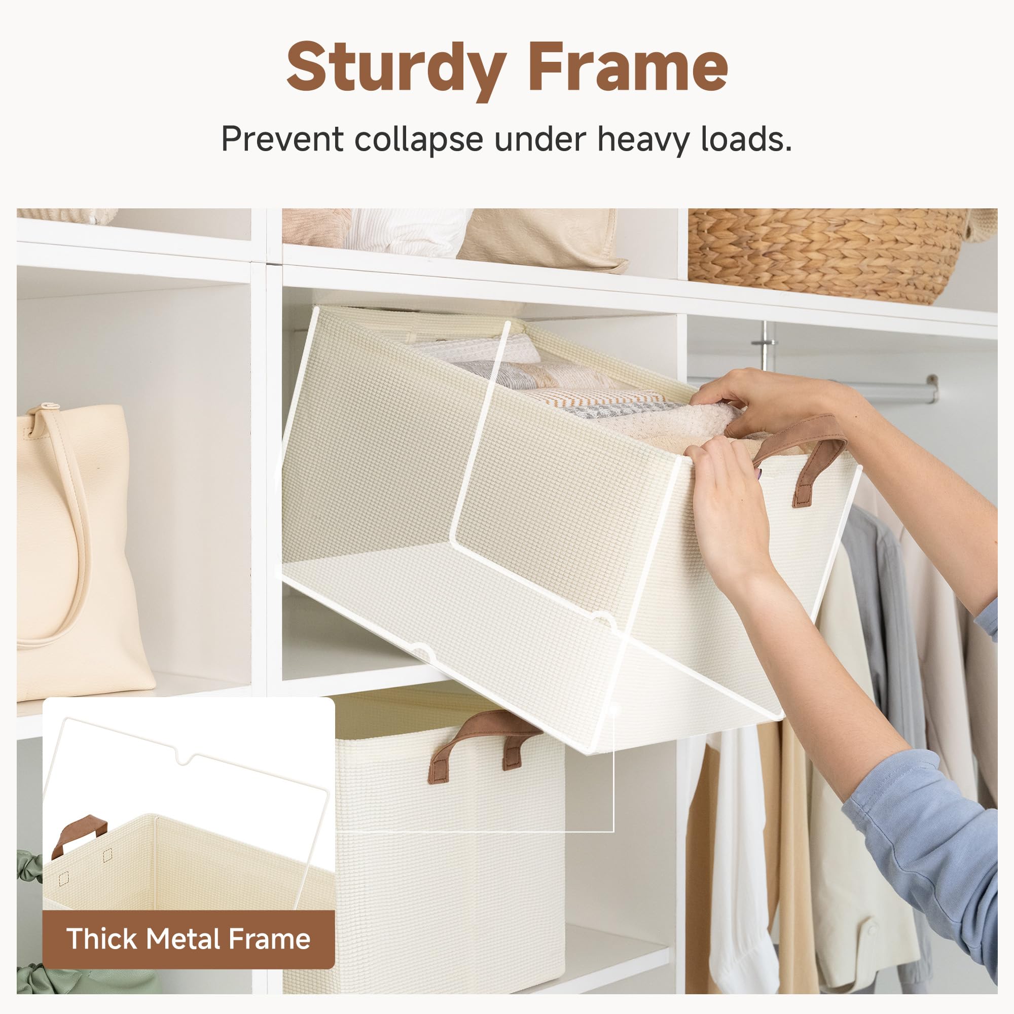 StorageWorks Storage Bins, Shelves Baskets for Organizing, 45L Extra Large Fabric Closet Organizers with Handles, Metal Frame, Beige-Texture, 2-Pack