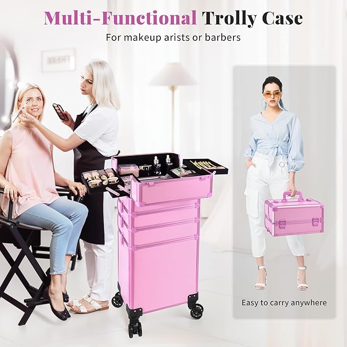 JINGUAN Professional Rolling Makeup Train Case with Lid, 5 in 1 Cosmetology Case on Wheels, Large Cosmetic Trolley Organizer Travel for Hairstylist Artist Nail Beauty Salon Barber, Pink