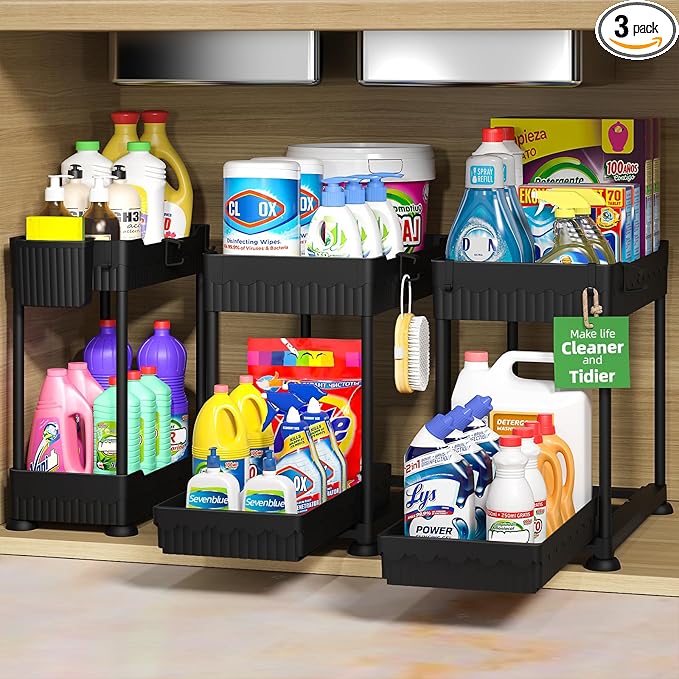 Sevenblue 3 Pack Under Sink Organizers,2-Tier Multi-Use Kitchen and Bathroom Organizers and Storage with Sliding Drawers,Bathroom Cabinet Organizer (Black, 12.8 Inch)