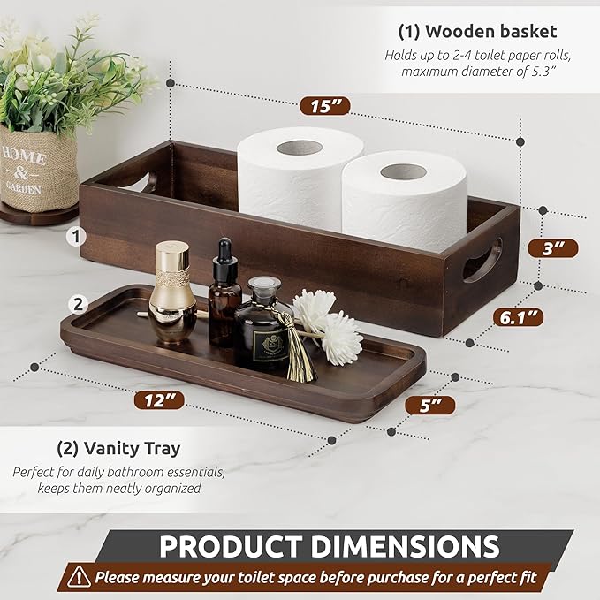 DEMIGO Toilet Tank Topper & Vanity Tray, Acacia Wood Decor Set, Dark Brown