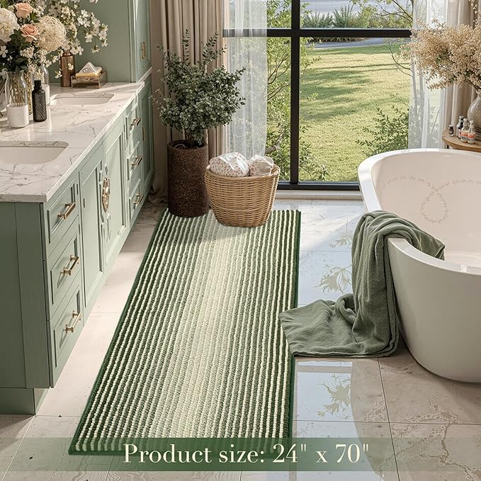 BSICPRO Large Bathroom Rugs, Bath Mat Rug for Bath Non Slip 24 x 70 Inches Water Absorbent Chenille Bathroom Runner Rugs Floor Mats Machine Washable (Green)