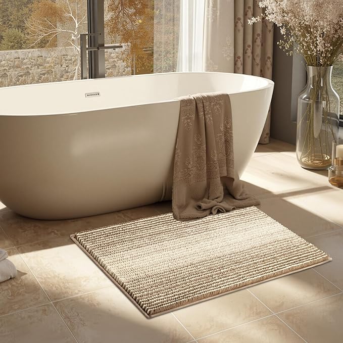 BSICPRO Bath Mat Rug for Bathroom Non Slip 17 x 24 Inches Water Absorbent Chenille Floor Mats Machine Washable (Tan)