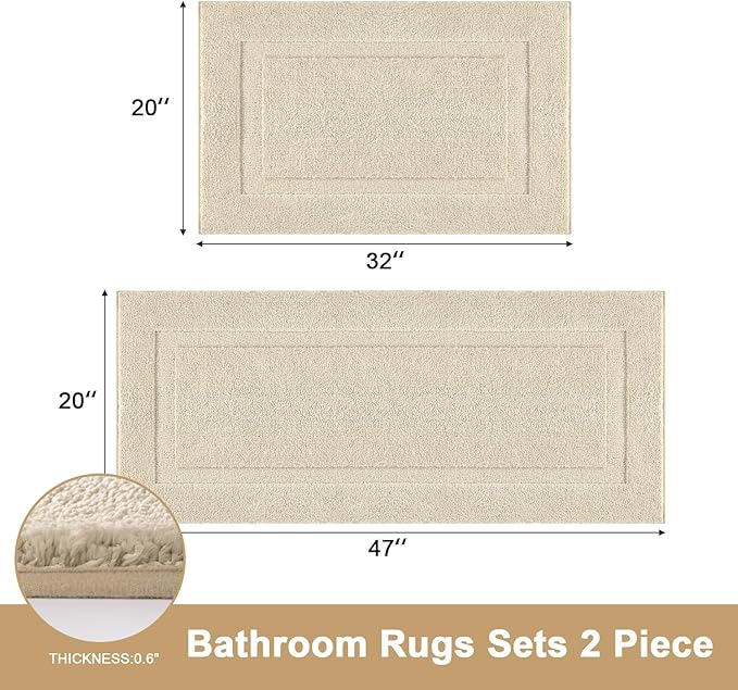 SHACOS Ultra Soft Bathroom Runner Rugs Sets 2 Pieces 47x20 + 32x20 inch Microfiber Long Bath Rugs Non Slip Washable Fluffy Bath Mats for Bathroom Shower Tub, Light Beige
