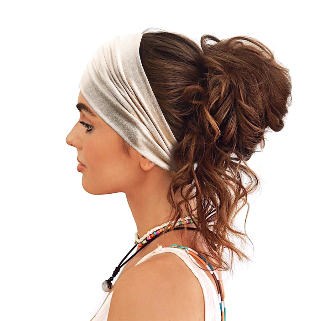 GiLi 2 Pack Wide Headbands for Women Boho African Knotted Non Slip Fashion Hair Bands Yoga Running Sports Workout Gym Head Wraps Elastic Soft Cotton Cloth Turbans Bandana for Girls(Light Grey, Skin)