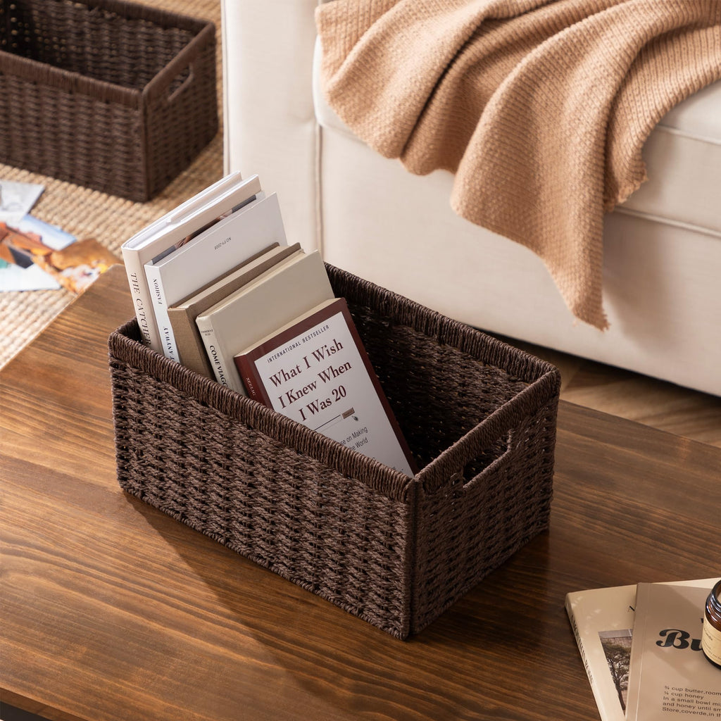 UBBCARE 4 Pack Wicker Basket, 13.4L×8.3H×7.1W inch Woven Paper Rope Storage Baskets for Shelves, Foldable Rectangular Storage Baskets with Handle, Storage Basket for Organizing, Dark Brown