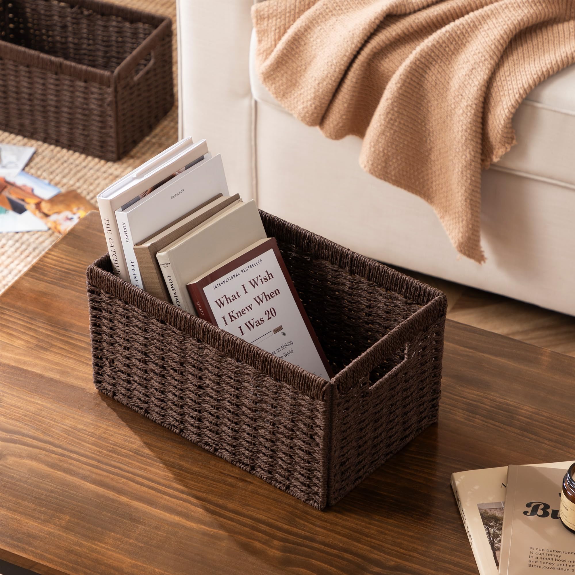 UBBCARE 2 Pack Wicker Basket, 13.4L×8.3H×7.1W inch Woven Paper Rope Storage Baskets for Shelves, Foldable Rectangular Storage Baskets with Handle, Storage Basket for Organizing, Dark Brown