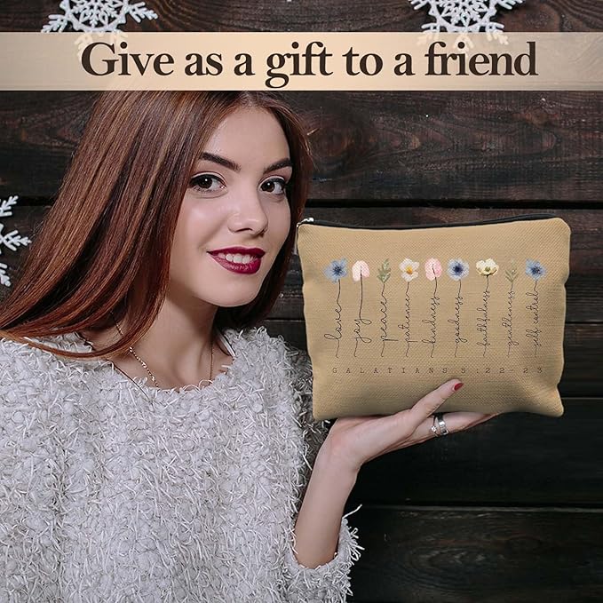 Likjad Christian Gifts Makeup Bag, Floral Christian Cosmetic Bags for Women, Galatians 5:22-23 Bible Verse Makeup Pouch, Faith Based Gifts Zipper Pouch(pale brown)