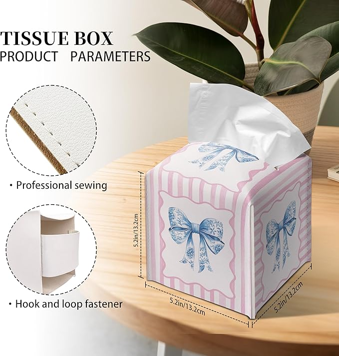 Grace Yonks Cute Tissue Box Cover Square - Pink Stripe and Blue Bow Design 5.2" PU Leather Holder for Vanity, Desk, or Bathroom Counter - Cube Case for Facial Tissues(001)