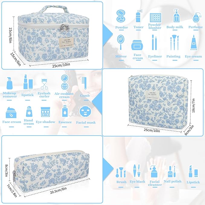Gosect Makeup Bag, Large Quilted Cosmetic Bag, Big Floral Make Up Bag for Women Girls, Cute Cotton Makeup Bag Set, Flower Travel Toiletry Organizer Bag (Blue Flower)