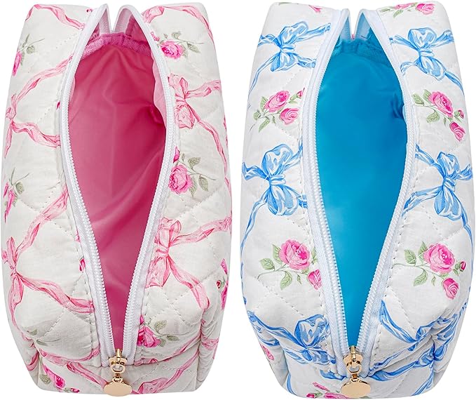 HHQQWZ Makeup Bag Travel Cosmetic Bag for Women Girls, Zipper Make Up Pouch, Floral Flowers Toiletry Organizer Makeup, Portable Storage Bag, Cosmetic Travel Cloth Bag (Pink Bowknot+Blue Bowknot)