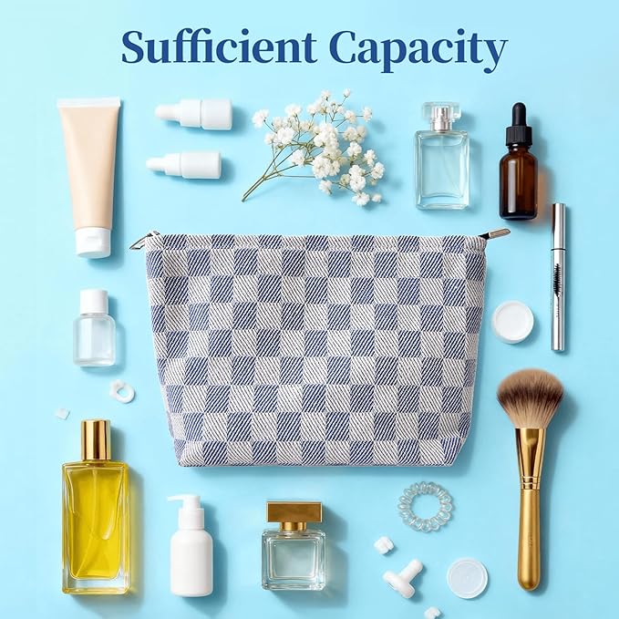 itgowisa Blue Checkered Makeup Bag, Travel Makeup Pouch for Women, Purse
