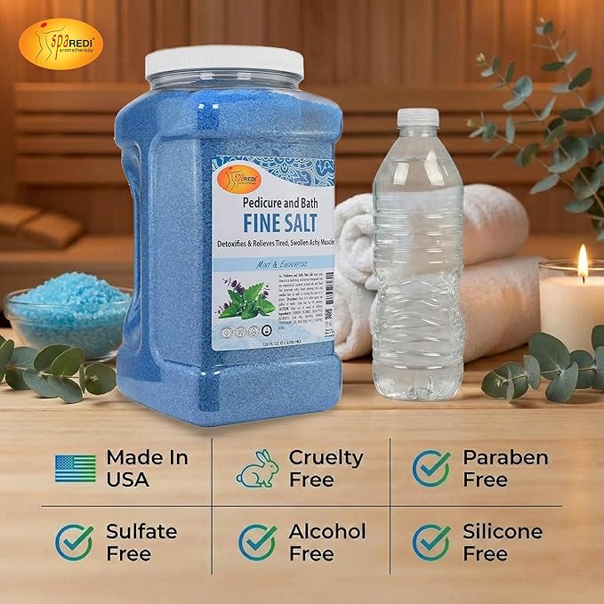 SPA REDI - Detox Foot Soak Pedicure and Bath Fine Salt, Mint and Eucalyptus, 128 Oz - Made with Dead Sea Salts, Argan Oil, Coconut Oil, and Essential Oil - Hydrates, Softens & Moisturizes Pkg May Vary