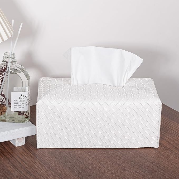 Tissue Box Cover PU Leather Tissue Holder Square Facial Tissue Case Facial Paper Organizer Dispenser for Bathroom, Vanity Countertop, Tabletop, Car, Rectangle, White