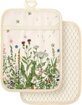 Slohif Silcone Flower Pot Holders for Kitchen - 100% Cotton Beige Cute Oven Potholders with Pockets, Heat Resistant Square Thick Hot Pads, House New Home Baking Baker Gifts,2pack
