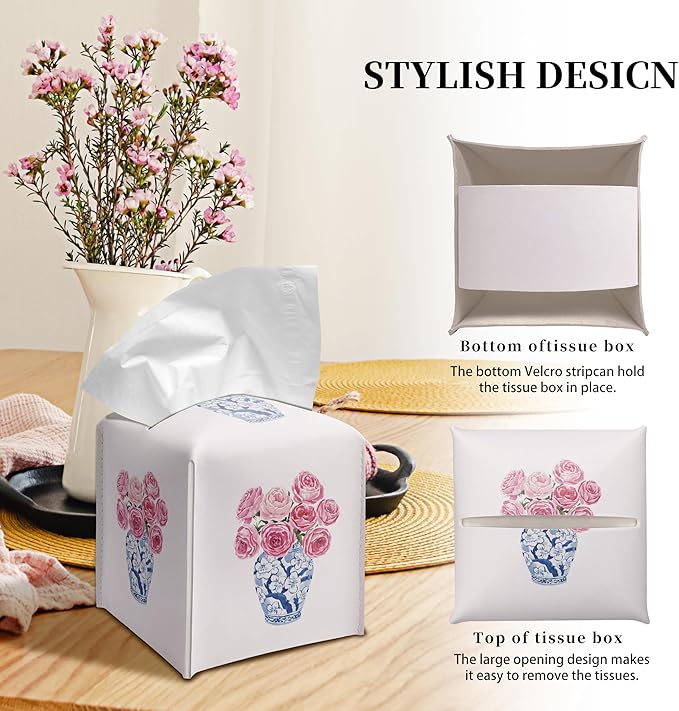 Grace Yonks Cute Tissue Box Cover Square - Blue Floral Vase & Pink Rose Design 5.2" PU Leather Holder for Vanity, Desk, or Bathroom Counter - Cube Case for Facial Tissues(002)