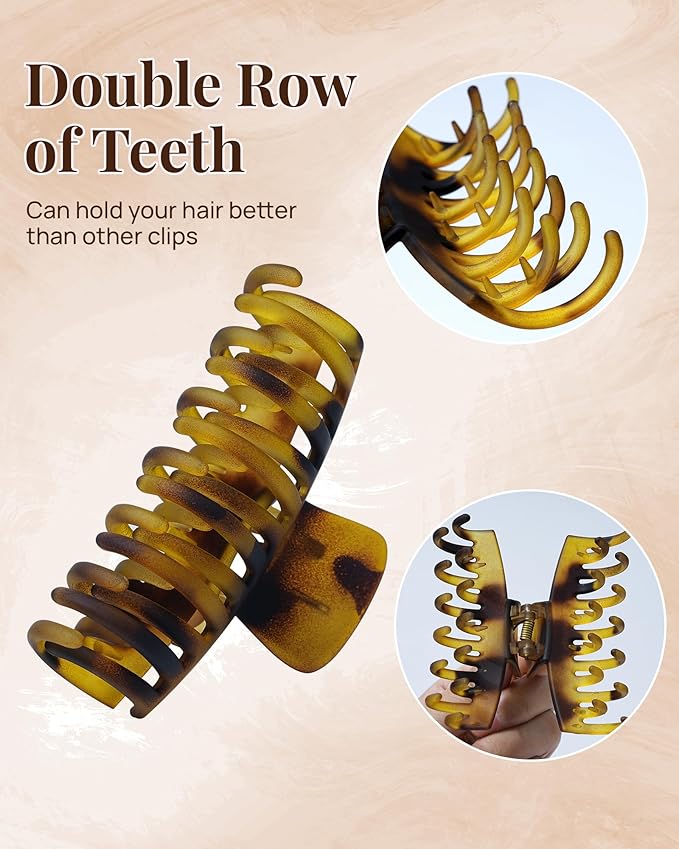 Mesovor 4 Pack Double Row Teeth Hair Claw Clips, 3.5" Large Strong Hold Matte Hair Clips for Thin and Short Fine Hair Accessories (Tortoise Matte)