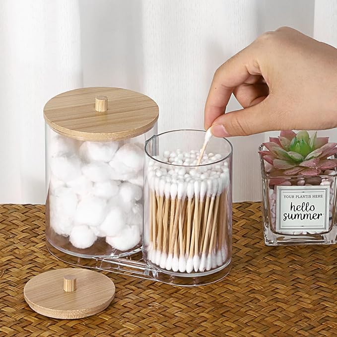 Hipiwe Acrylic Cotton Swab Holder Clear Qtip Dispenser with lid 2 Compartment Bathroom Accessories Storage Canister for Cotton Ball Vanity Makeup Organizer