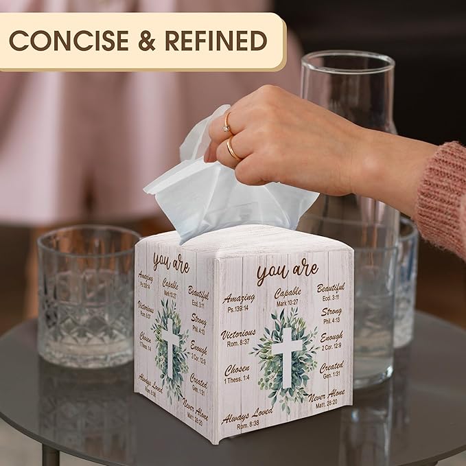 Bible Verse Decorative Tissue Box Cover Square, Leaves Tissue Box Cover Holder, Religious Faith Gift Ideas for Family Friends, Home Dining Table Decor-(5.2 Inches) A02