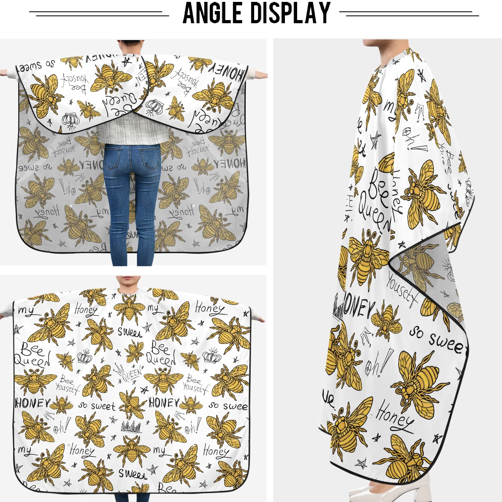 visesunny Barber Cape Honey Bee Golden Embroidery Queen Crown Polyester Hair Cutting Salon Cape Apron Anti-Static Haircut Water-Resistant Shaving Cloth Beard Shaving Bib Hairdressing Cape