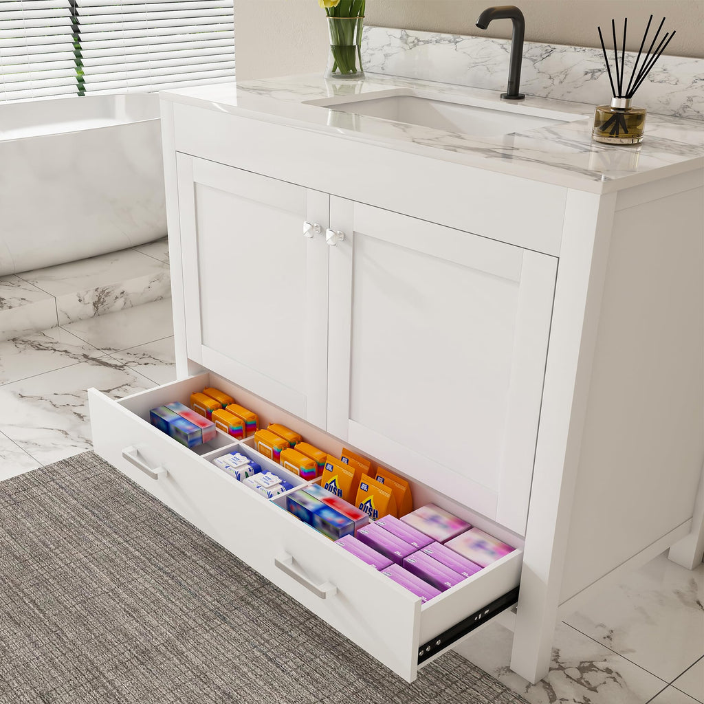 Montary 42" Bathroom Vanity with 43" Sintered Stone Carrara White Top, Modern Stylish MDF Bathroom Storage Cabinet, Vanity Set with 2 Doors and One Large Divided Drawer, White (Single Hole)