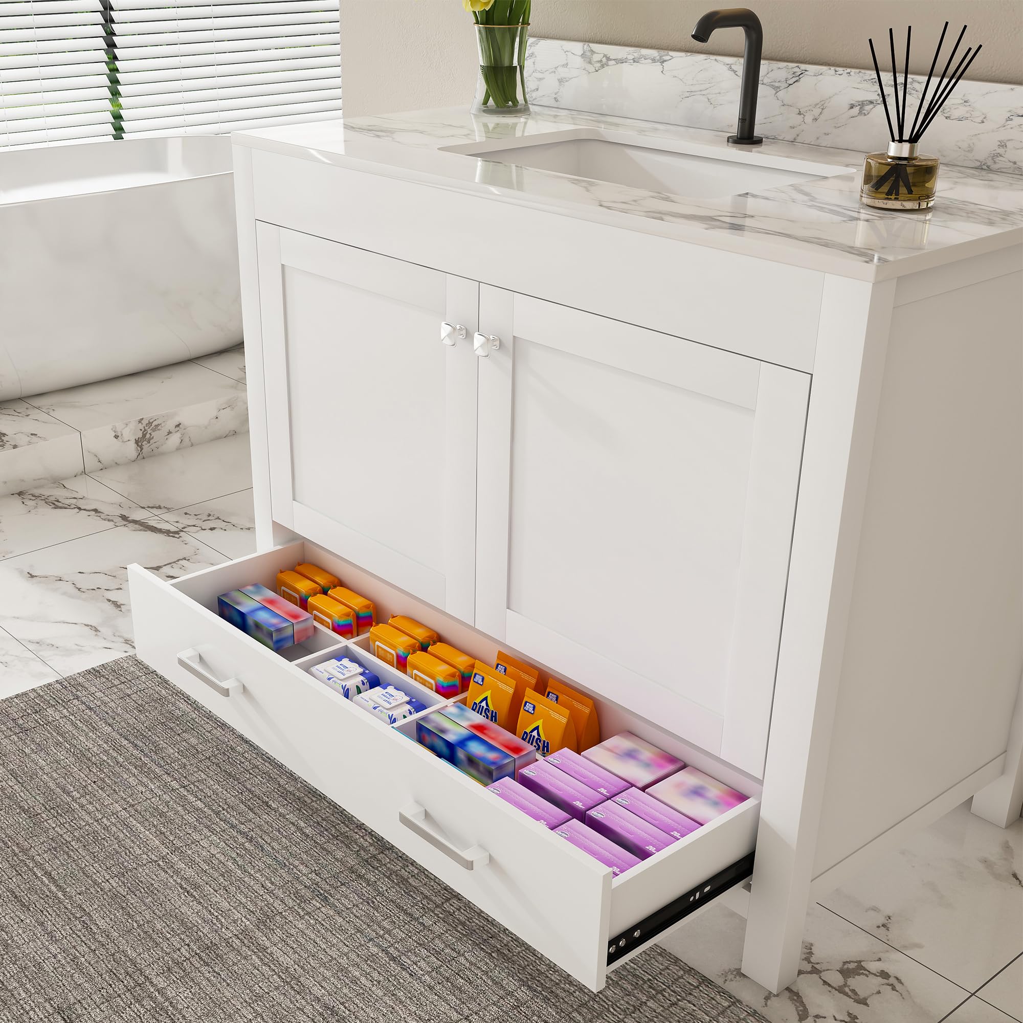 Montary 42" Bathroom Vanity with 43" Sintered Stone Carrara White Top, Modern Stylish MDF Bathroom Storage Cabinet, Vanity Set with 2 Doors and One Large Divided Drawer, White (Single Hole)