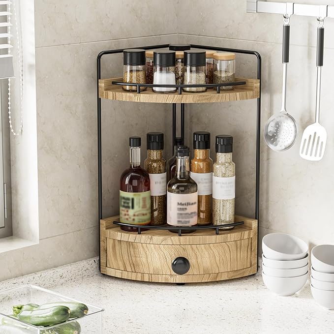 Aollewoiti 2-Tier Corner Bathroom Counter Organizer with Drawer, Wood color
