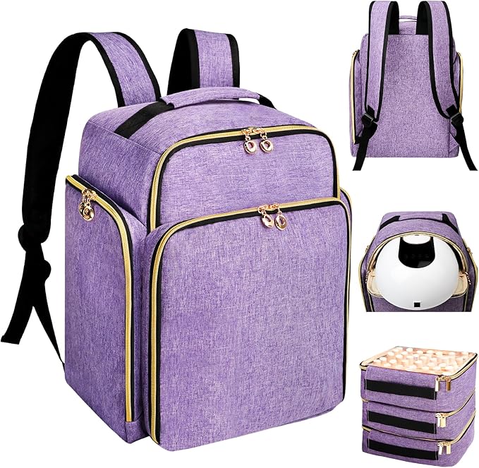 ahzske Nail Polish Organizer Backpack Holds 126 Bottles& Nail Lamp, Extra Large Nail Kit Supplies Organizer Bag with 3 Removable Cases, Portable Nail Organizers and Storage for Travel (Noble Purple)