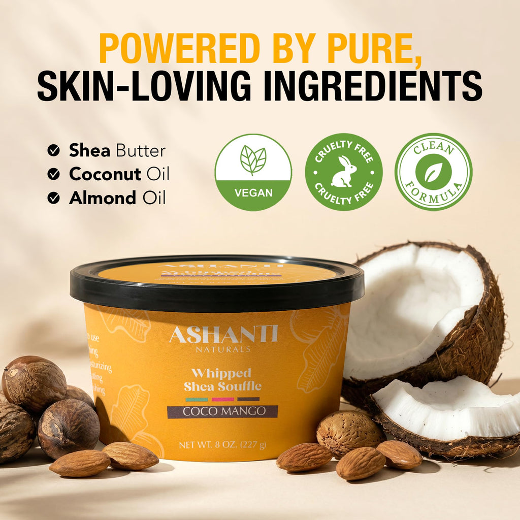 Ashanti Naturals Scented Whipped Shea Butter | African Body Butter for Women Men w/Coconut and Almond Oil (Coco Mango Souffle, 8 oz)